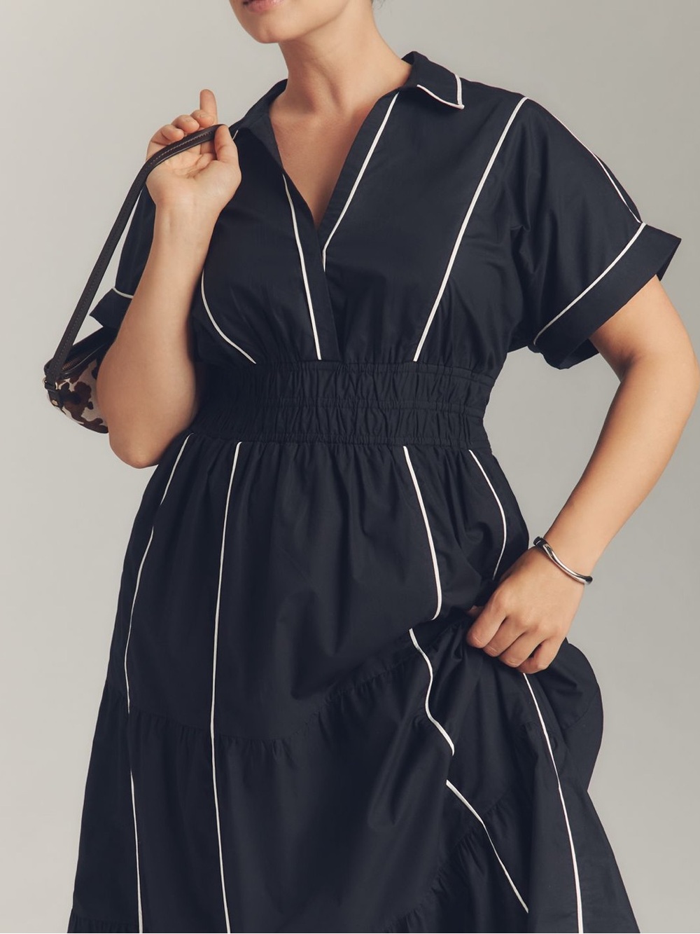 Anthropologie Somerset Dress Collared V-Neck Short-Sleeve Maxi Dress Black White - Picture 3 of 13